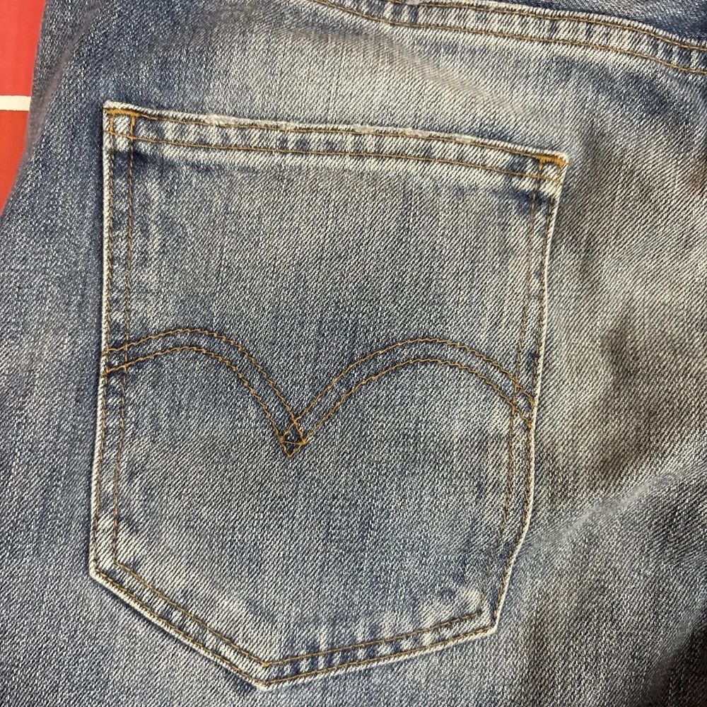 Levi's 606 Orange Tab Jeans Big E 33x32 Denim Straight Distressed Patched Knees